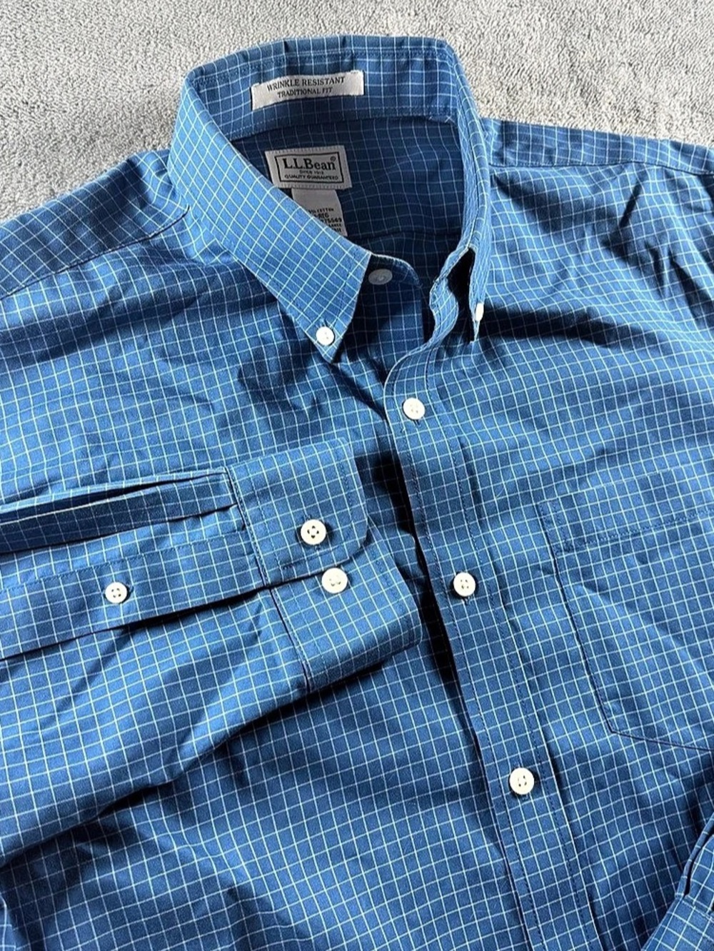 VTG L.L.Bean Men's Traditional Fit Wrinkle Resistant Shirt Blue Grid Plaid Sz M